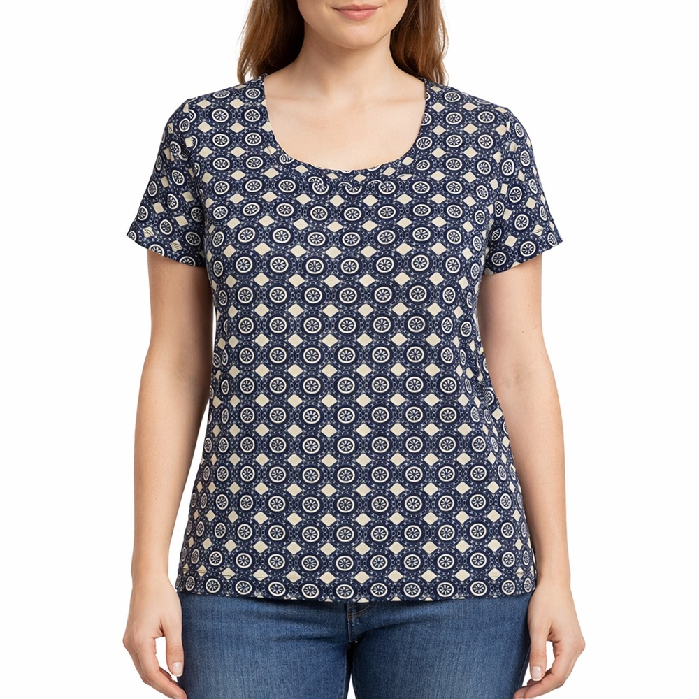 Kim Rogers Geometric Medallion Print Cotton Top Large Casual Scoop Neck